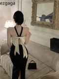 Yipinpay Dresses Women Backless Bow French Style Sleeveless Slim Stretch Halter Slash Neck Hollow Out Vintage Sexy Elegant Dress