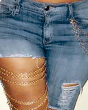 Yipinpay Women's Jeans Casual New Fashion 2023 Summer Chain Decor Cutout Ripped Denim Skinny Pants Female Clothing Y2K Outfits