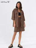Yipinpay Office Ladies Cotton Linen Sets Women 2 Piece Sets Summer 2023 Brown High Waist Shorts Suits Lapel Top Casual Outfit