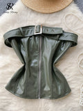 Yipinpay Strapless PU Leather Mini Tops for Women Chic Backless Tank with Zipper Belt Slim Design Club Fashion Sexy Camisole