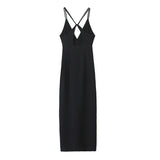 Yipinpay New Women Double Spaghetti Straps Black Midi Sexy Dress Front Slit V Neck Backless Female Party Vestidos