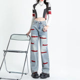 Yipinpay Blue Embroidery Baggy Jeans For Women Y2k Fashion Female High Waist Wide Leg Pants Loose Washed Denim Trousers Full Length