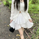 Yipinpay Irregular Ruffle Mini Skirt Women Fairycore Lace Patchwork High Waist 2-layers Boho White Short Skirt Mori Girl Summer