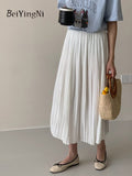 yipinpay Summer Pleated Midi Skirt Women Solid Color Elegant Lining A-line Long Faldas Female Slim Chic Cute High Waist Skirts