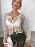 Yipinpay New Women Sexy Lace Tops Adults See-Through Long Sleeve Round Neck Button Down Cardigan Black White Hot Sale S-XL