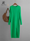 Yipinpay Autumn Skinny Knitted Dress Female O Neck Split Outerwear Fashion Korean Style Office Lady Solid Slim Sweater Dress