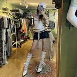 Yipinpay Vintage Y2k Mini Skirt Women Harajuku Sexy Gyaru Low Rise Drawstring Patchwork Sporty Micro Skirt Cute Egirl Streetwear