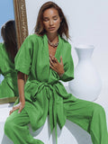 Yipinpay Green Vacation Trousers Suits Casual 2 Pieces Suits Half Sleeves Wrap Shirts And Wide Leg Pants Summer Outfits 2023