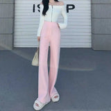 Yipinpay Mujer Autum Winter Trousers High Waist Knit Pink Wide Leg Pants Women Wild Ankle Length