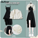 Yipinpay Women's Summer Dress Suit 2024 New Fashion Short Sleeve Shirt+Denim Strap Skirt Two Piece Korean Elegant Casual Matching Set