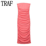 Yipinpay Pink Midi Dress Woman Off Shoulder Bodycon Dress Women Strapless Summer Long Dresses For Women Backless Sexy Party Dresses