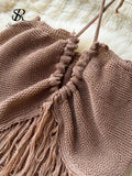 Yipinpay Summer Knitted Beach Two Pieces Sets Women Halter Backless Camis+Wide Legs Long Pants Tassel Hollow Out Bohe Suits