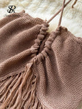 Yipinpay Summer Knitted Beach Two Pieces Sets Women Halter Backless Camis+Wide Legs Long Pants Tassel Hollow Out Bohe Suits