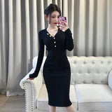 Yipinpay Pink Wrap Hip V Neck Long Sleeve Knitted Dress Women Sashes Slim High Waist Sexy All-match Vestido Mujer Feminino Solid