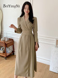 yipinpay Elegant Luxury Long Suit Dresses for Women Solid Korean Chic French Trendy Full Sleeve Midi Dress Turndown Collar Robe
