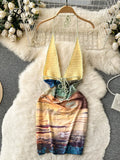 Yipinpay Summer Halter Sexy Beach Dress Women Patchwork Bohemian Print Short Sundress Hotsweet Backless Slim Knit Short Dress
