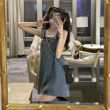 Yipinpay Korean 2000s Fashion Denim Dresses for Large Women Plus Size Summer Casual Teen Strap Retro Jeans Loose Overall Dress Women