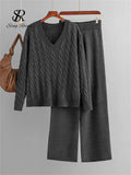 Yipinpay Autumn Loose Two Pieces Sets Women Twist Striped Sweater+Wide Legs Thick Long Pant Home Wear Casual Knitted Suits 2024