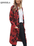 Yipinpay Autumn Winter Long Leopard Cardigan Women Knitted Sweater Oversized Coat Colorful Long Sleeve Women's Clothing Female Robe