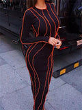 yipinpay O Neck Sexy Women Long Ribber Knitted Bodycon Striped Dress Y2K Fashion Orange Maxi Wrap Party Club Dress 2023 Autumn