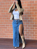 Yipinpay 2024 Summer Split Out Denim Skirt Jeans Women Casual Long Skirt Low Waisted Jean Streetwear New Midi Pencil Skirt Y2k New