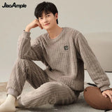 Yipinpay Men's Winter Warm Plush Thickened Sleepwear Set French Loose Flannel Pijama Trousers Two Pieces Suit Male Cute Nightwear