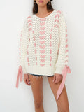 Yipinpay Women Y2K Kawaii Knitted Long Sleeve Crew Neck Hollowed Contrast Color Loose Pullovers Warm Sweater for Fall Winter