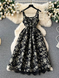 Yipinpay Temperament Embroidery Lace Dress Women Zipper Belt Off Shoulder Sleeveless French Floral Spaghetti Strap Long Dress