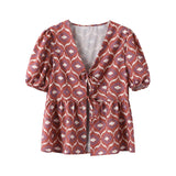 Yipinpay Flower Printed 2 Pieces Long Pant Sets For Women Elegant Short Sleeve Lace Up Shirt Wide Leg Trouser Summer Lady Outfits