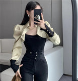 Yipinpay Lady Solid Color Patchwork Shirt Fake Two Spring Autumn Women's Clothing Korean Fashion Button Chain Blouse Slim Tops