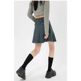 yipinpay Women's Vintage Blue Denim Half Body Skirt Zipper Pleated High Waist Casual Fashion Baggy A-Line Jean Short Skirt Ladies Summer