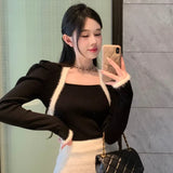 Yipinpay Sueter Mujer Vintage Cropped Black Sweaters Women Puff Sleeve Slim Pullover Short Square Sweater Top Knitwear Spring