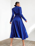 Yipinpay A-Line Elegant Wrap Midi Dresses Lace-Up Satin Women Blue Dress With Belted Pleated Office Ladies Dress Summer 2023
