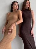 Yipinpay Sleeveless Knitwear Turtleneck Long Dress Female Slim Elegant Fashion Autumn 2024 Ribbed Knit Dress For Women Maxi Dress