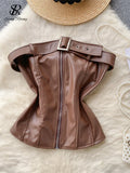 Yipinpay Strapless PU Leather Mini Tops for Women Chic Backless Tank with Zipper Belt Slim Design Club Fashion Sexy Camisole