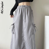 yipinpay Women's Cargo Skirt Pockets Split Long Skirts Y2k Streetwear 2000s Aesthetic Drawstring Aesthetic Skirts High Waist A Line Skirt