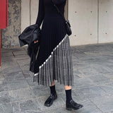 Yipinpay 2023 Autumn Winter Houndstooth Knitted Long Skirts Women Vintage Black High Waist Midi Pleated Skirt Elegant Casual