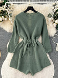 Yipinpay Korean Style Casual Bodysuits O Neck Long Sleeves Hollow Out Backless Drawstring Elastic Waist Women Shorts Jumpsuits