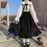 Yipinpay Gothic Lolita Long Skirt Women Harajuku Ruffle Strap Black Skirt High Waist Soft Girl Japanese Kawaii Streetwear Summer