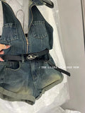 Yipinpay Polo Neck Sleeveless Cowboy Jumpsuit Women Summer New Fashion Spicy Girl Backless Waist Slimming Rolled Edge Shorts Women