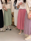 yipinpay Summer Pleated Midi Skirt Women Solid Color Elegant Lining A-line Long Faldas Female Slim Chic Cute High Waist Skirts