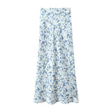 Yipinpay New 2024 Women Floral Print Satin Long Skirt Vintage High Elastic Waist A-line Spring Summer falda larga