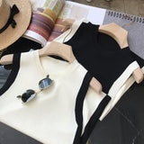 Yipinpay Silk Black White Contrast Sleeveless Knitted Tank Top Wild V Neck Vest Tops & Tees Women's Clothing Casual Camis Vest