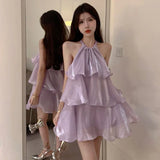 Yipinpay Woman Dress Elegant Sweet Sleeveless Ruffles Mesh Loose Summer New Cake Mini Dresses Solid Sexy Female Casual Fairy