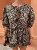 Yipinpay Leopard Animal Print Skirts Sets For Women 2024 Round Neck Lace Up Shirts Layered Mini Shirts 2 Pieces Sets Lady Outfits