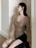 Yipinpay Mesh Blouse for Women V Neck Long Sleeve Pleated Slim Chic Tops New Elegant Fashion Office Ladies Irregu Vintage Tops