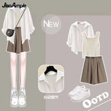 Yipinpay Women's Tracksuit Suit 2024 Summer New Casual Sunscreen Shirt Top Vest Shorts Three Piece Korean Chic Blouse Pants Matching Set