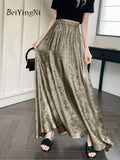yipinpay Vintage Metallic Maxi Skirts Women Street Casual High Waist Long A-line Skirt Chic Korean Black SGothic Faldashiny