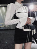 Yipinpay Shirt Women New Sexy Suspender Mini Flare Sleeve Blouse Slim Tops Short Black Strap Dress Sets Wild 2 Piece Suits Fall