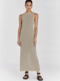 Yipinpay Striped See-Through Long Dress Female Elegant Sleeveless High Waist Patchwork Fashion Beach Dress Knit Maxi Dress Summer